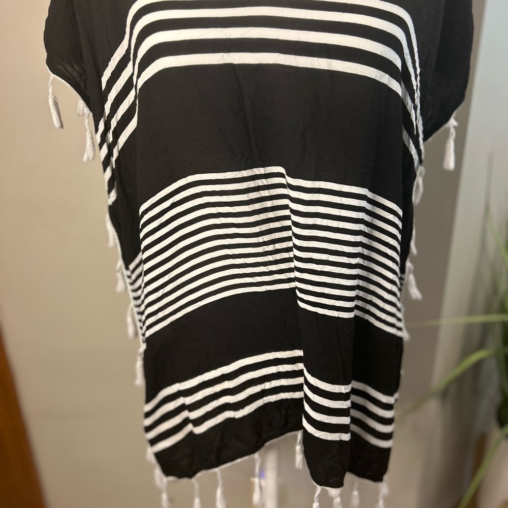 Black White Striped Kaftan Swim Cover Up Tassel Tunic Beach Resort Small - Picture 5 of 10
